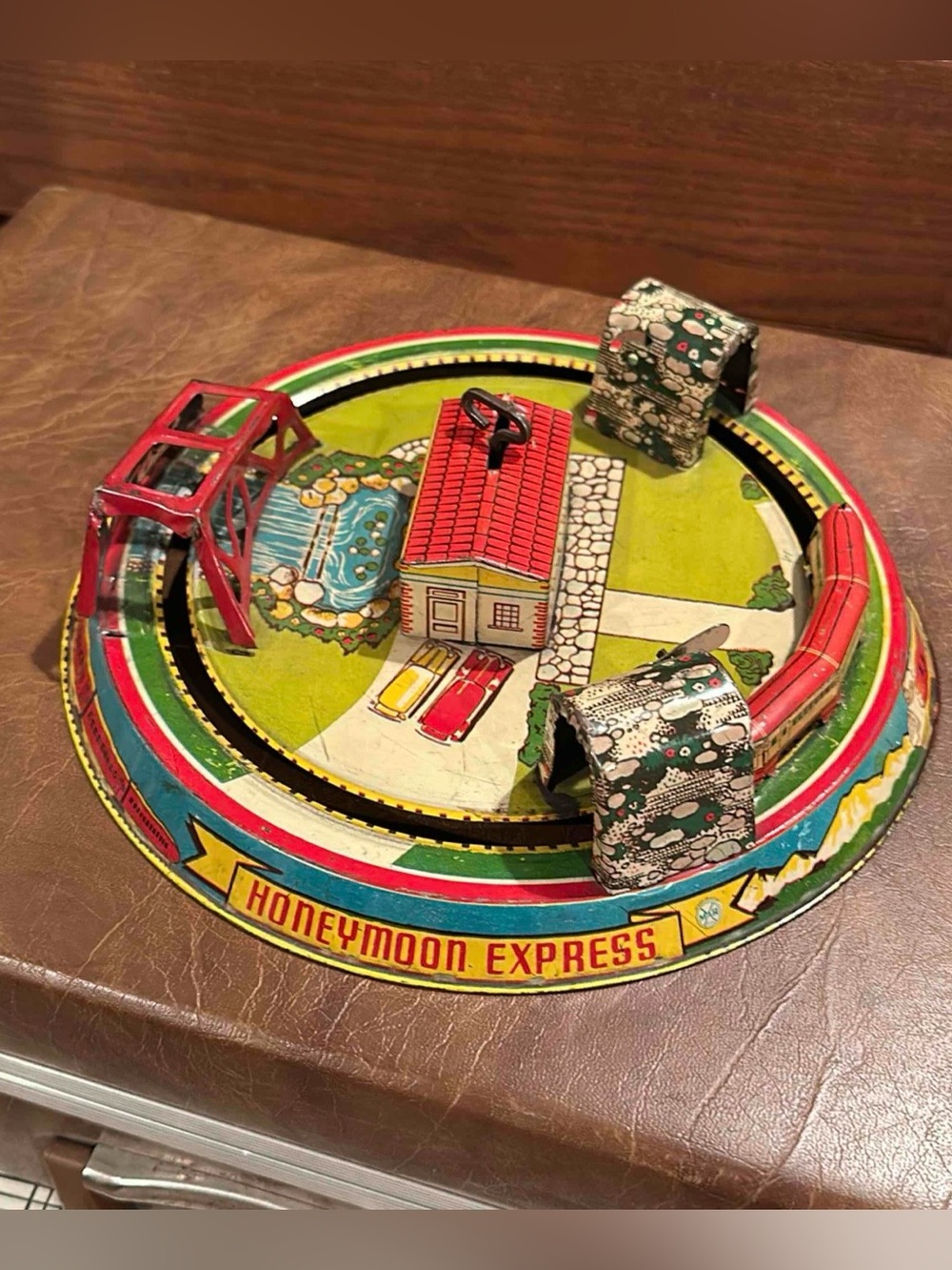 Vintage Marx Honeymoon Express wind-up toy train set.